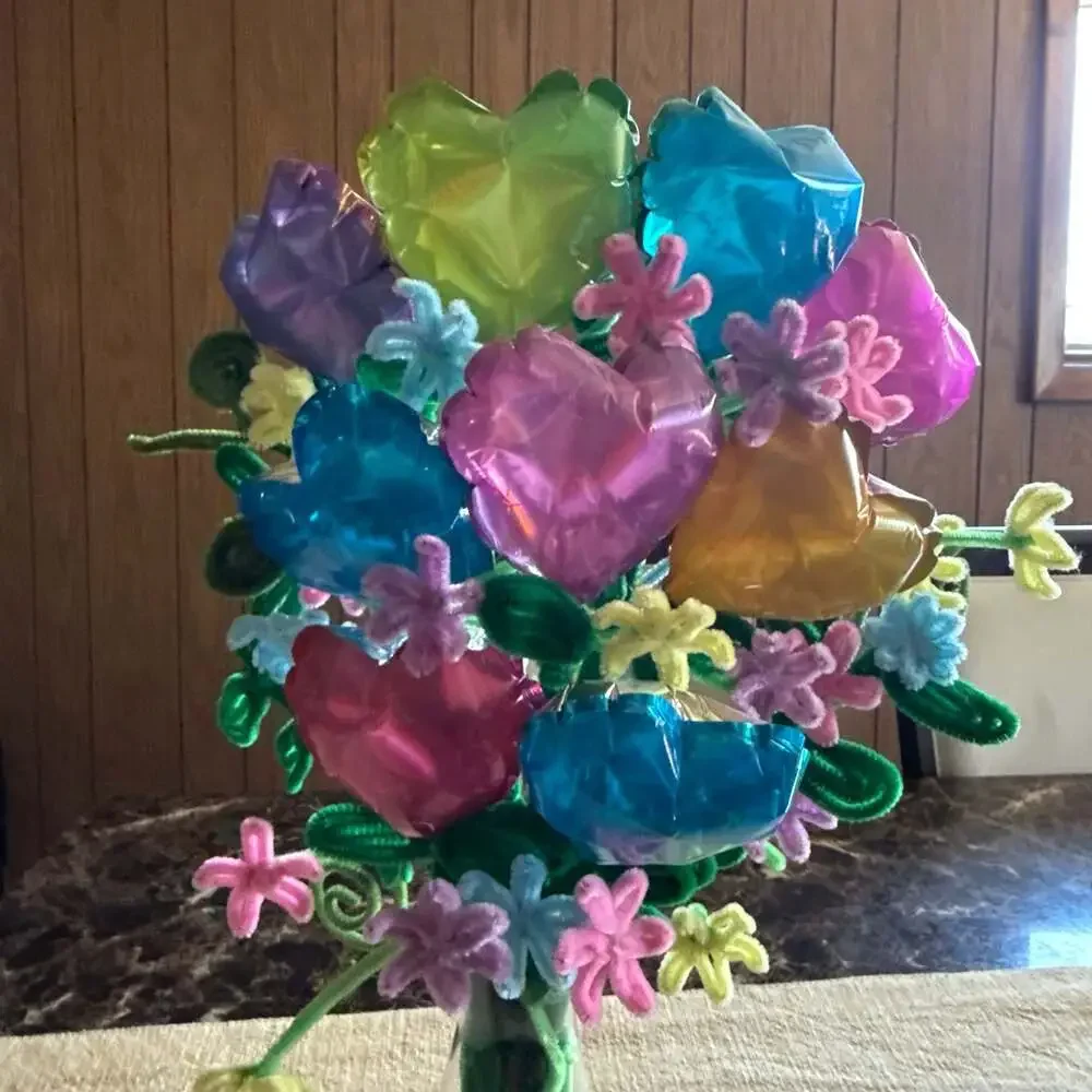 Handmade Pipe Cleaner Flower and Mini Foil Heart Balloon Bouquet in Glass Vase